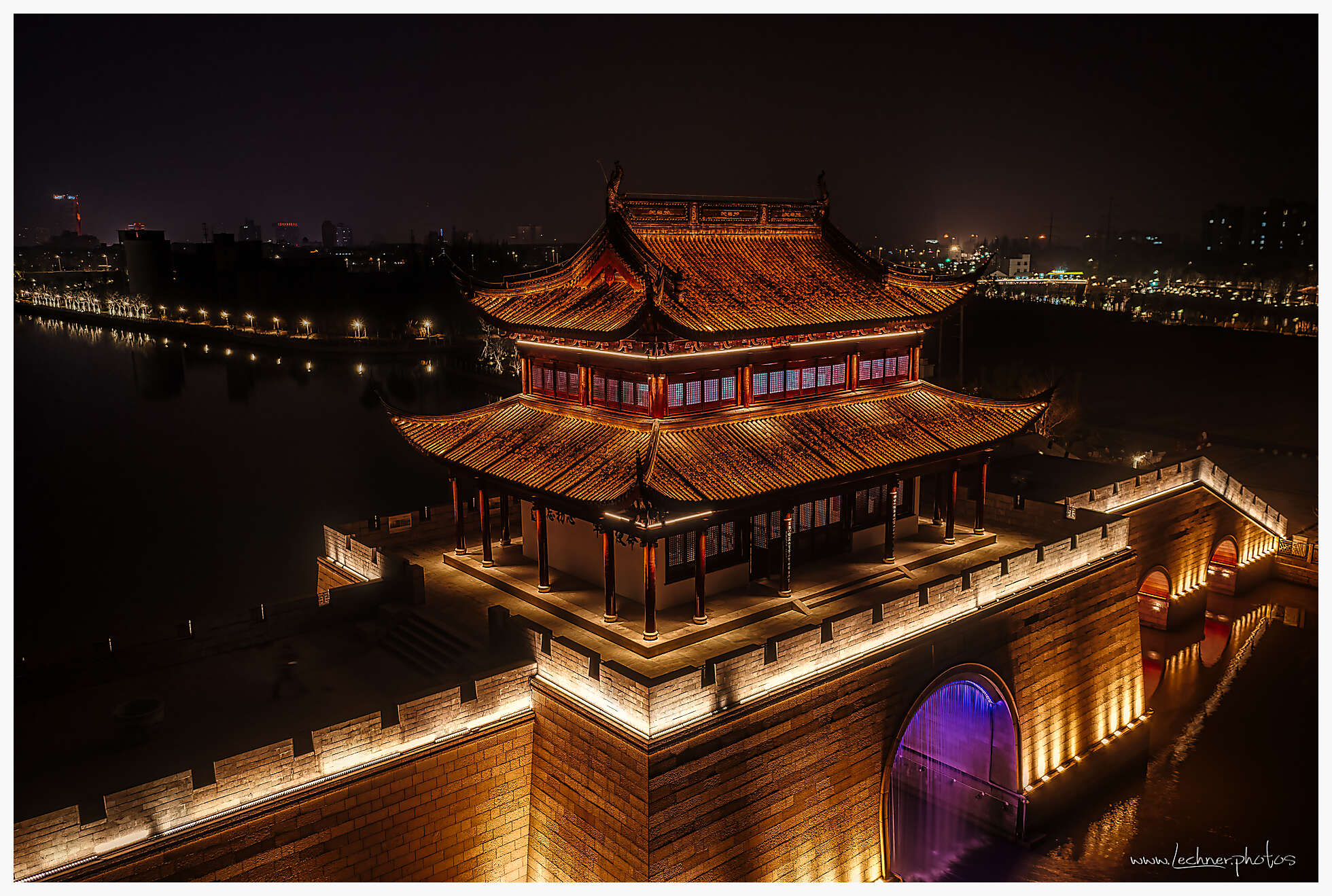Caotong Water City Gate at night from above