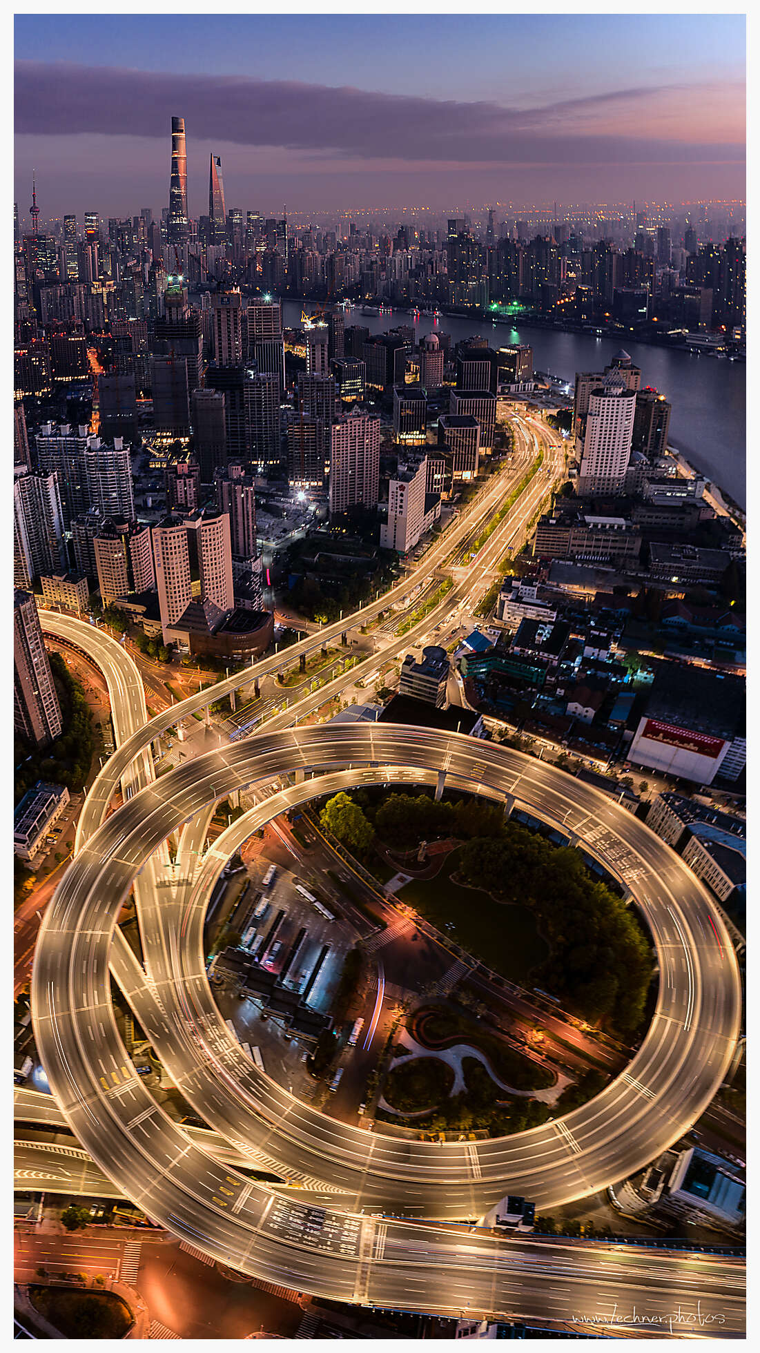 Nanpu bridge roundabout at sunrise
